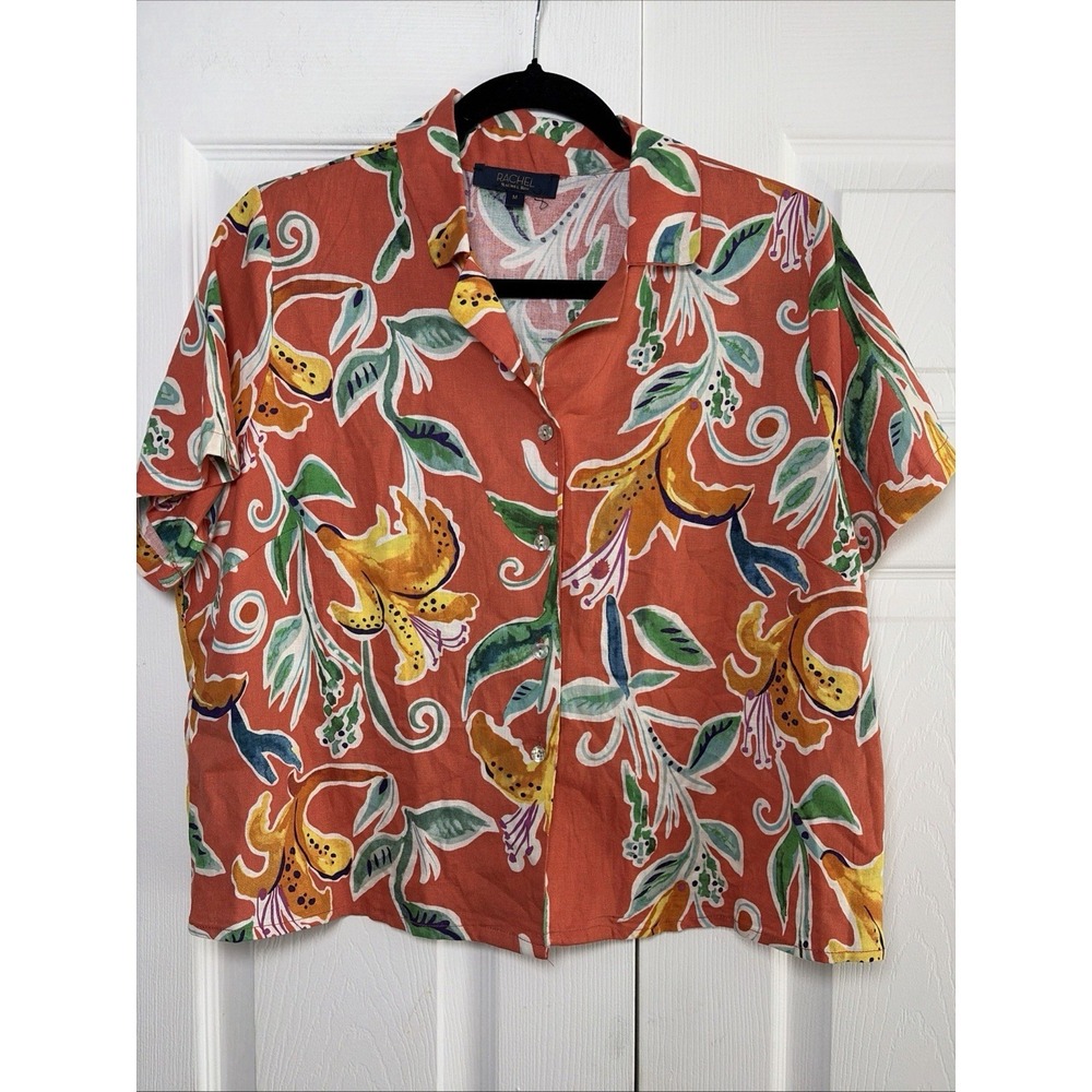 Rachel Rachel Roy Floral Button Up Top Womens M Orange Tropical Linen Shirt